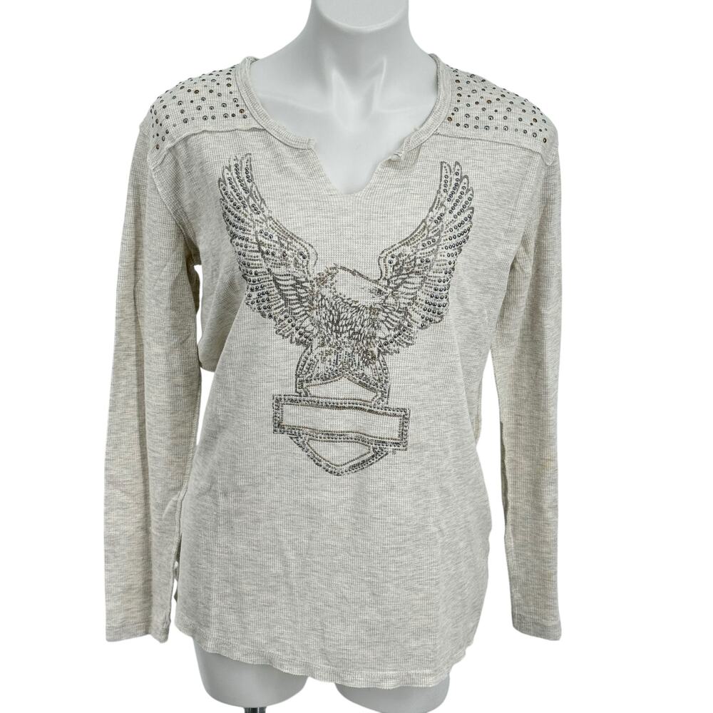 Harley Davidson Thermal Studded Eagle SZ M Women's Biker Gray Edgy Grunge Rebel